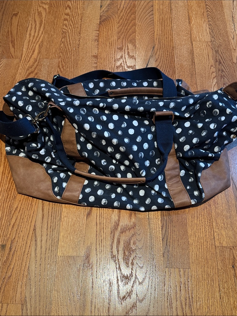 Merona weekender blue and white polka dot duffel bag